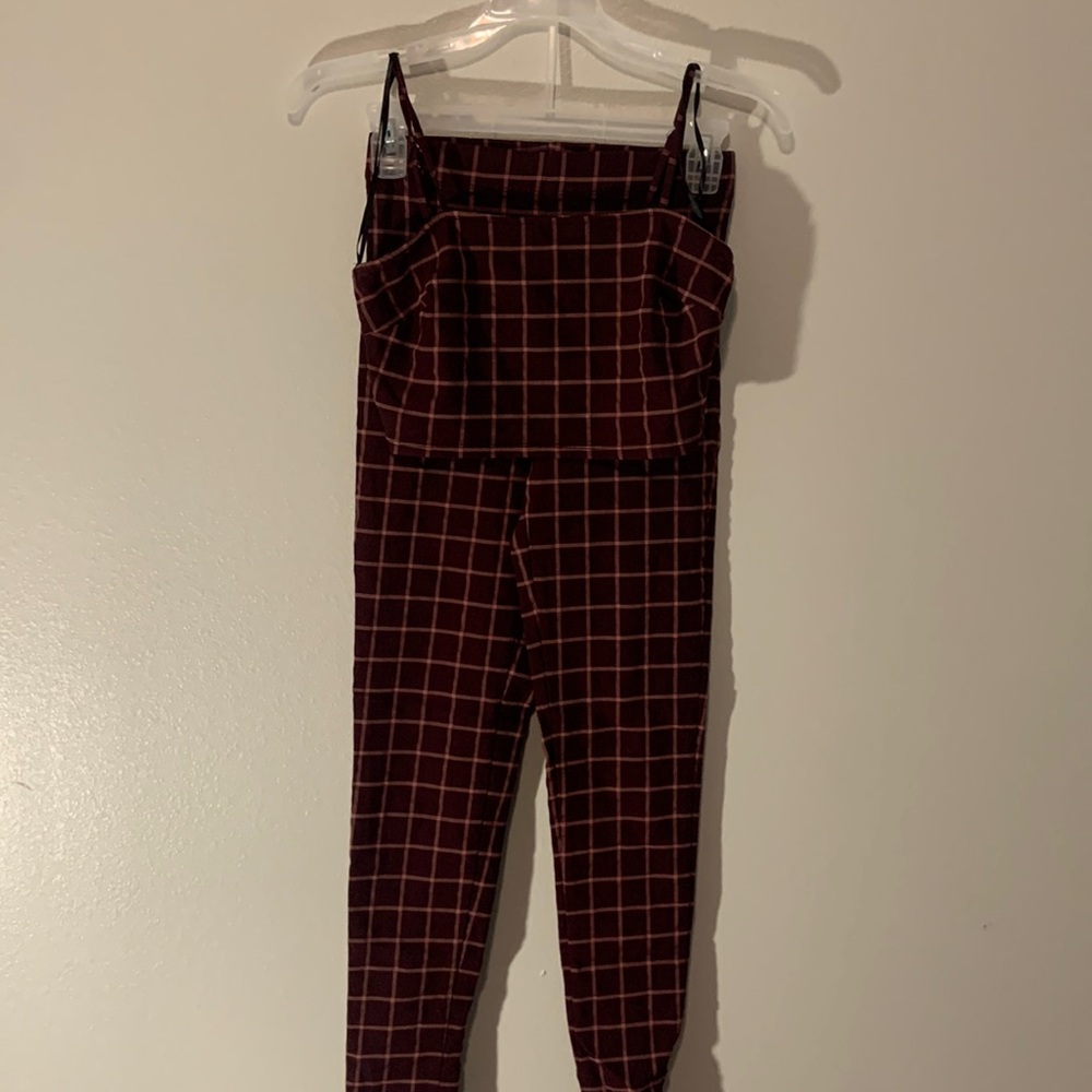 Maroon plaid 2-piece pants and crop top